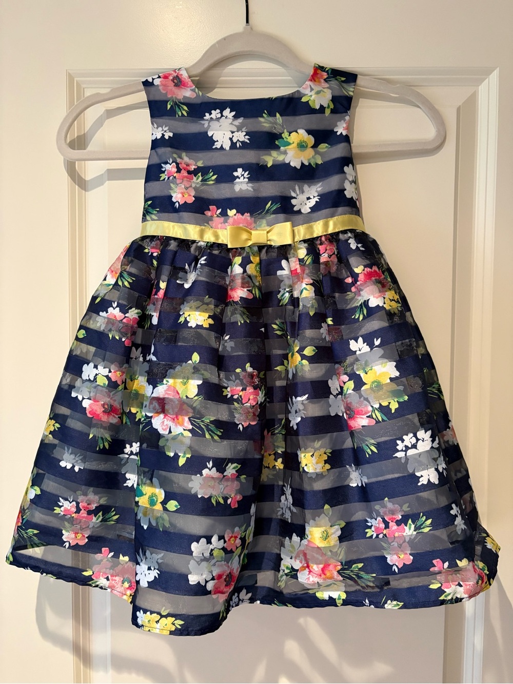 Jona Michelle Girls Floral Party Dress Size 3 Navy Blue Striped Organza